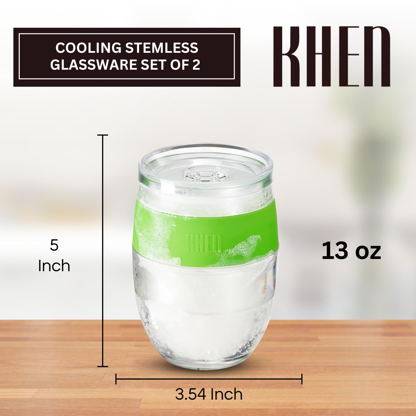 Stemless acrylic wine glass with clear body, green cooling band, round no-stem design