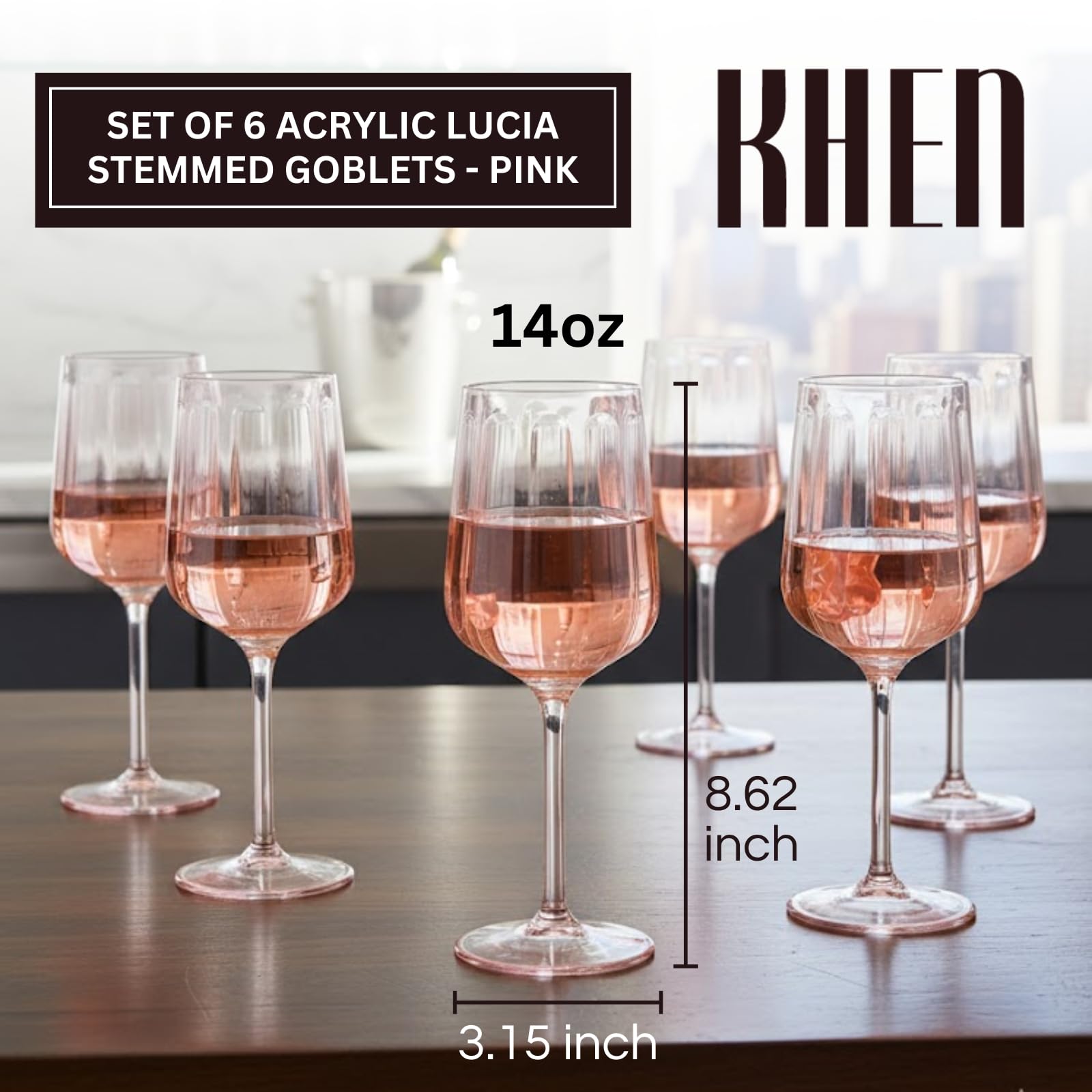 Set of 6 pink acrylic stemmed goblets with ribbed sides and wide round feet