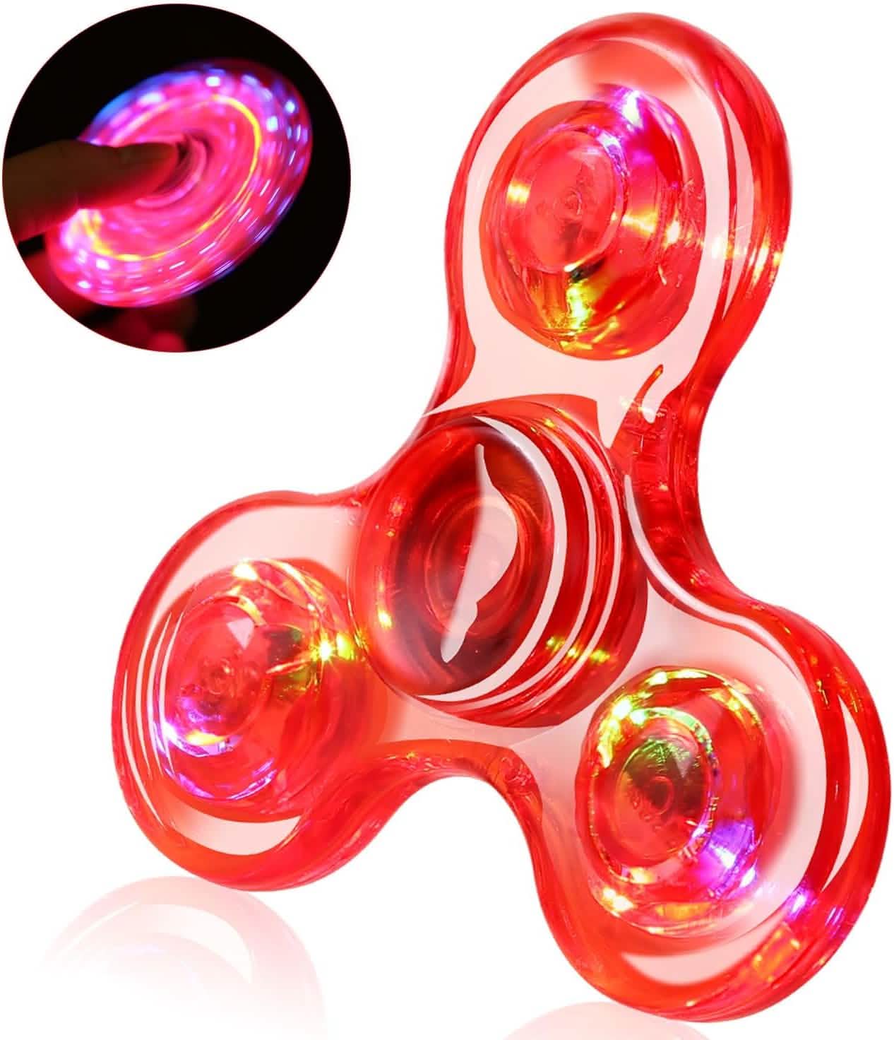 Red LED fidget spinner with three glowing LEDs and finger activating inset