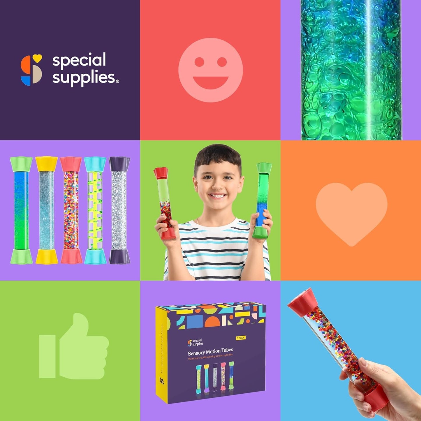 Five colorful liquid motion sensory tubes with glitter, confetti, and colored caps