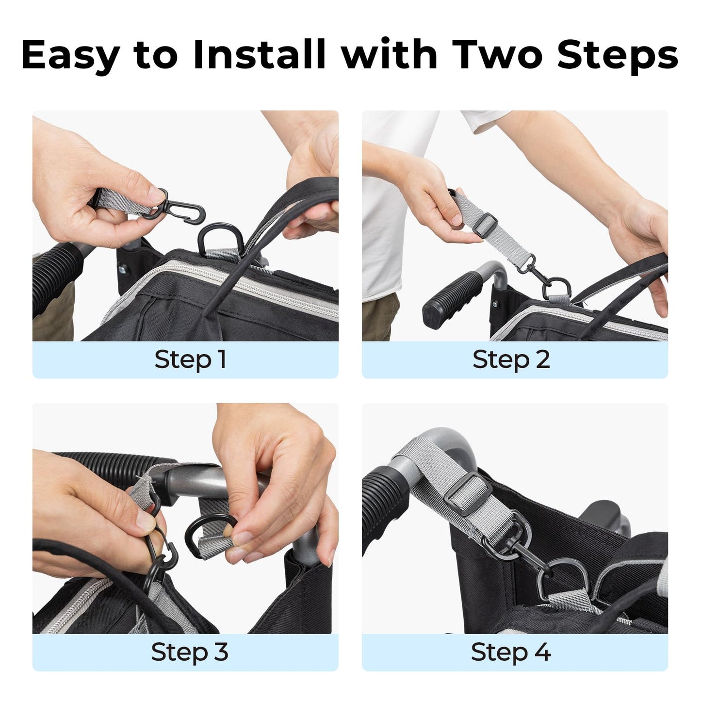 Black wheelchair backpack bag attachment clips and strap mounting hardware, step-by-step setup