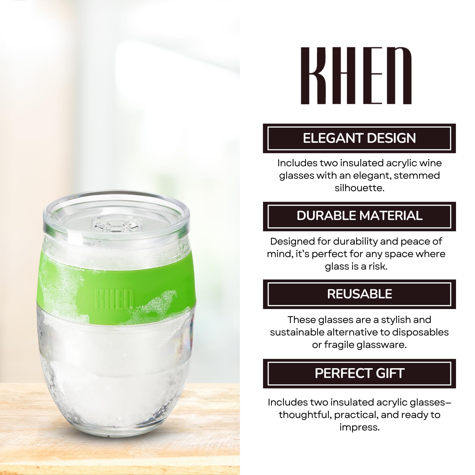 Stemless acrylic wine glass with green upper section and clear double-wall body