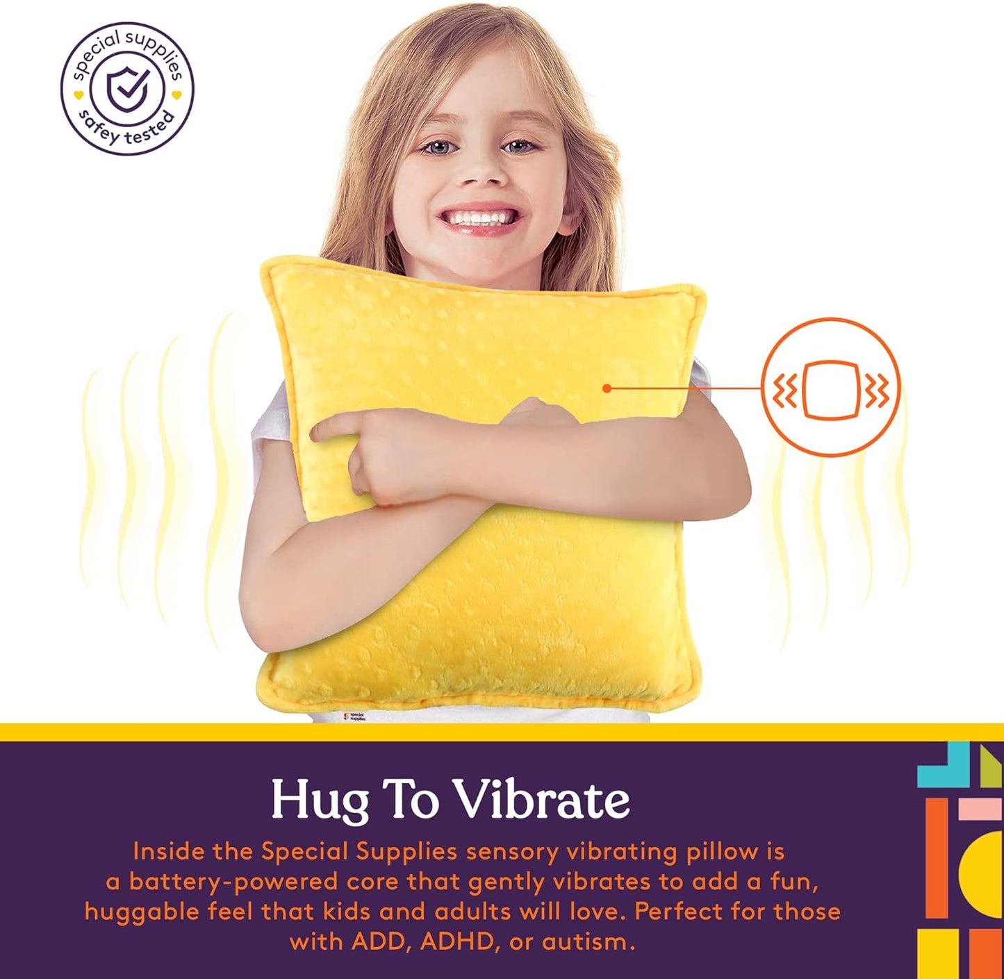 Yellow sensory vibrating pillow hugged by a child with small vibration indicators
