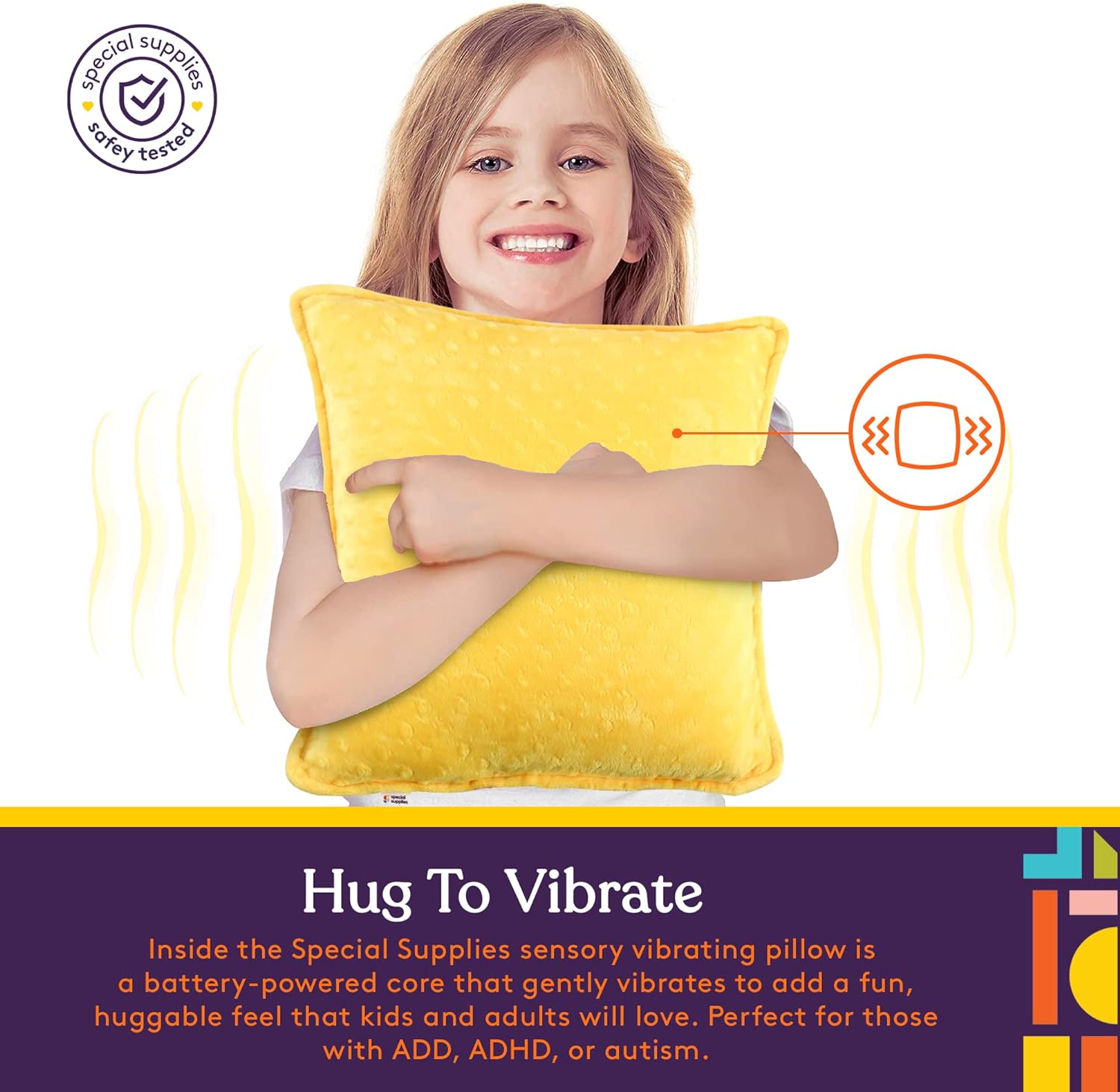 Yellow sensory vibrating pillow hugged by a child with small vibration indicators