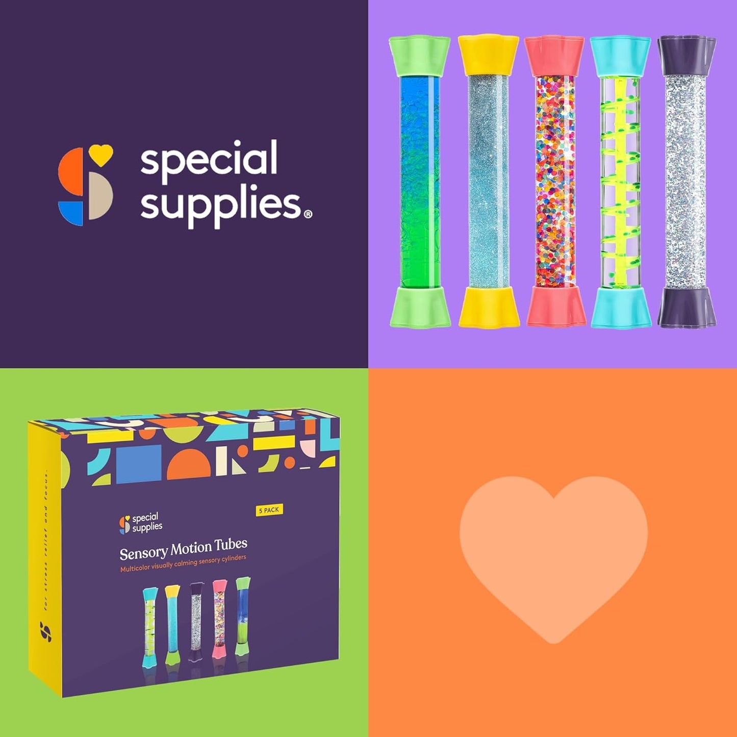 Five colorful liquid motion tubes with glitter and bead-filled chambers, with box