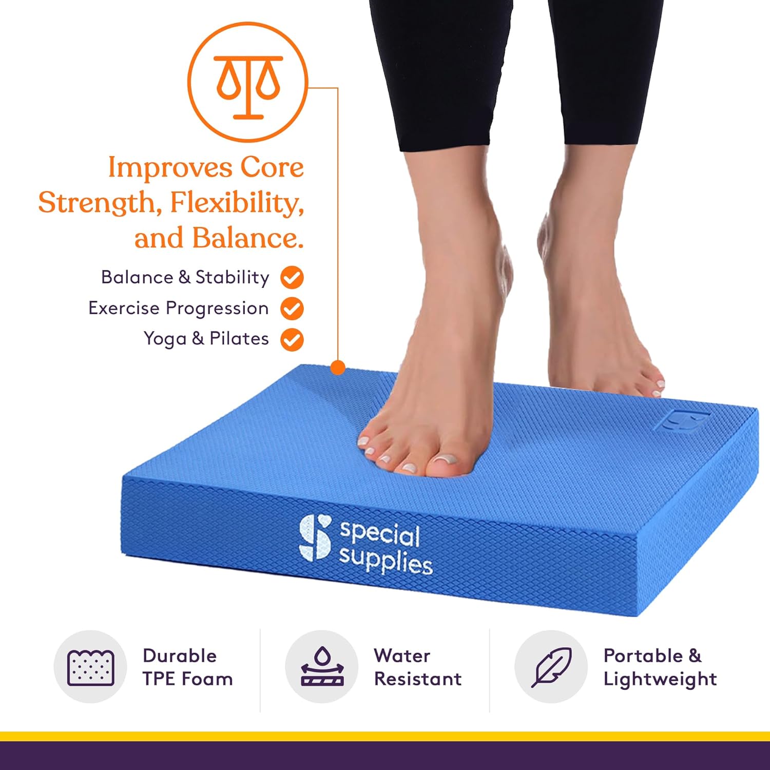 Blue foam balance pad for core and balance practice, shown with bare feet