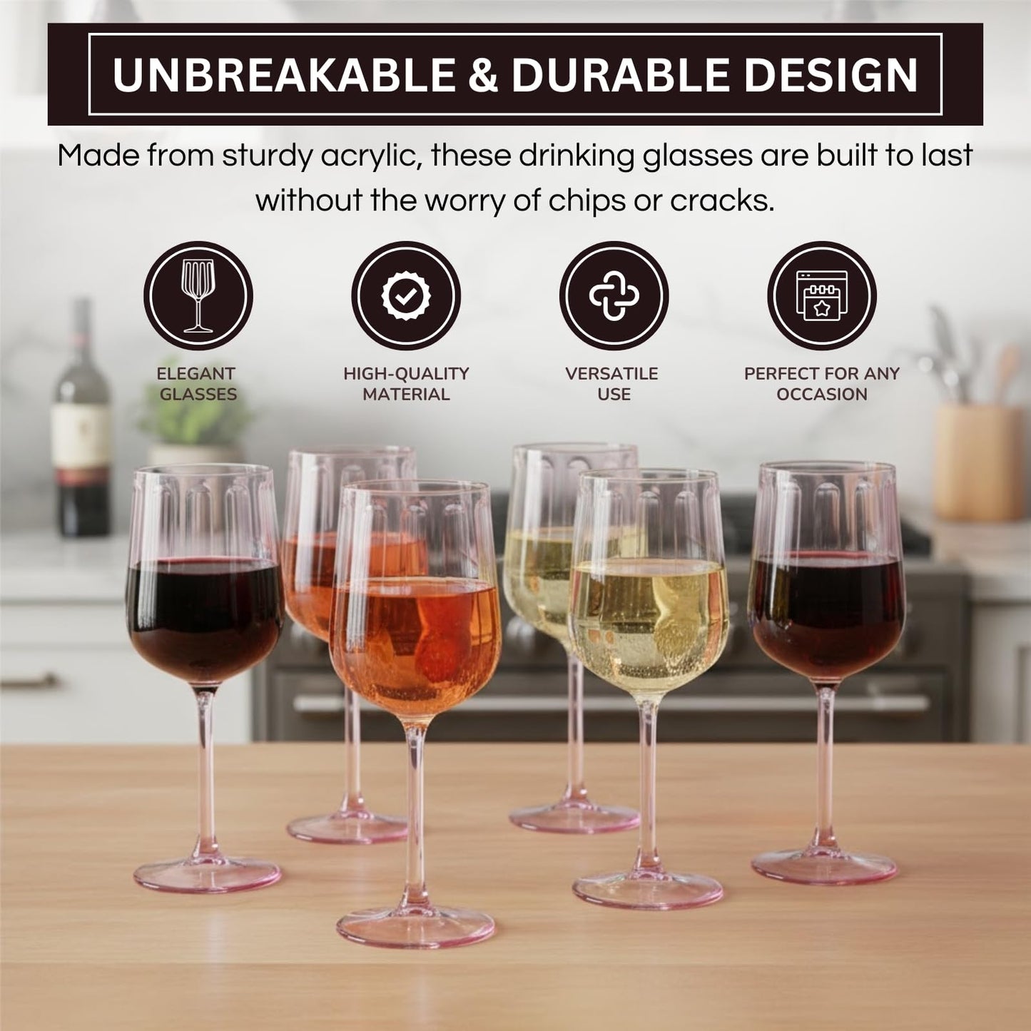 Lilac stemmed acrylic goblets, set of six, ribbed sides and round flared base