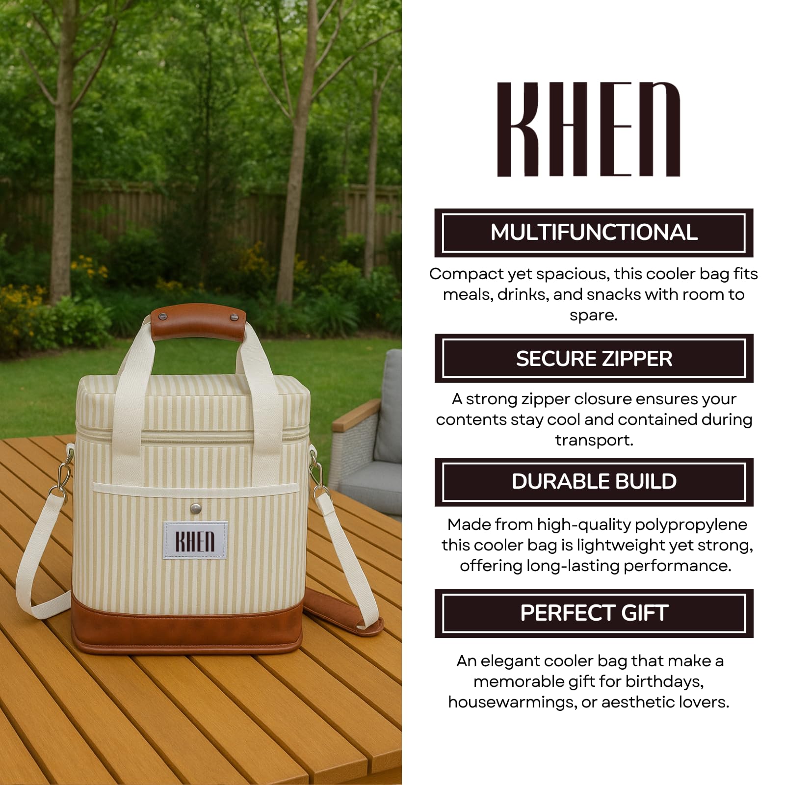 2-bottle wine tote cooler bag, cream striped fabric with brown leather bottom trim, crossbody strap