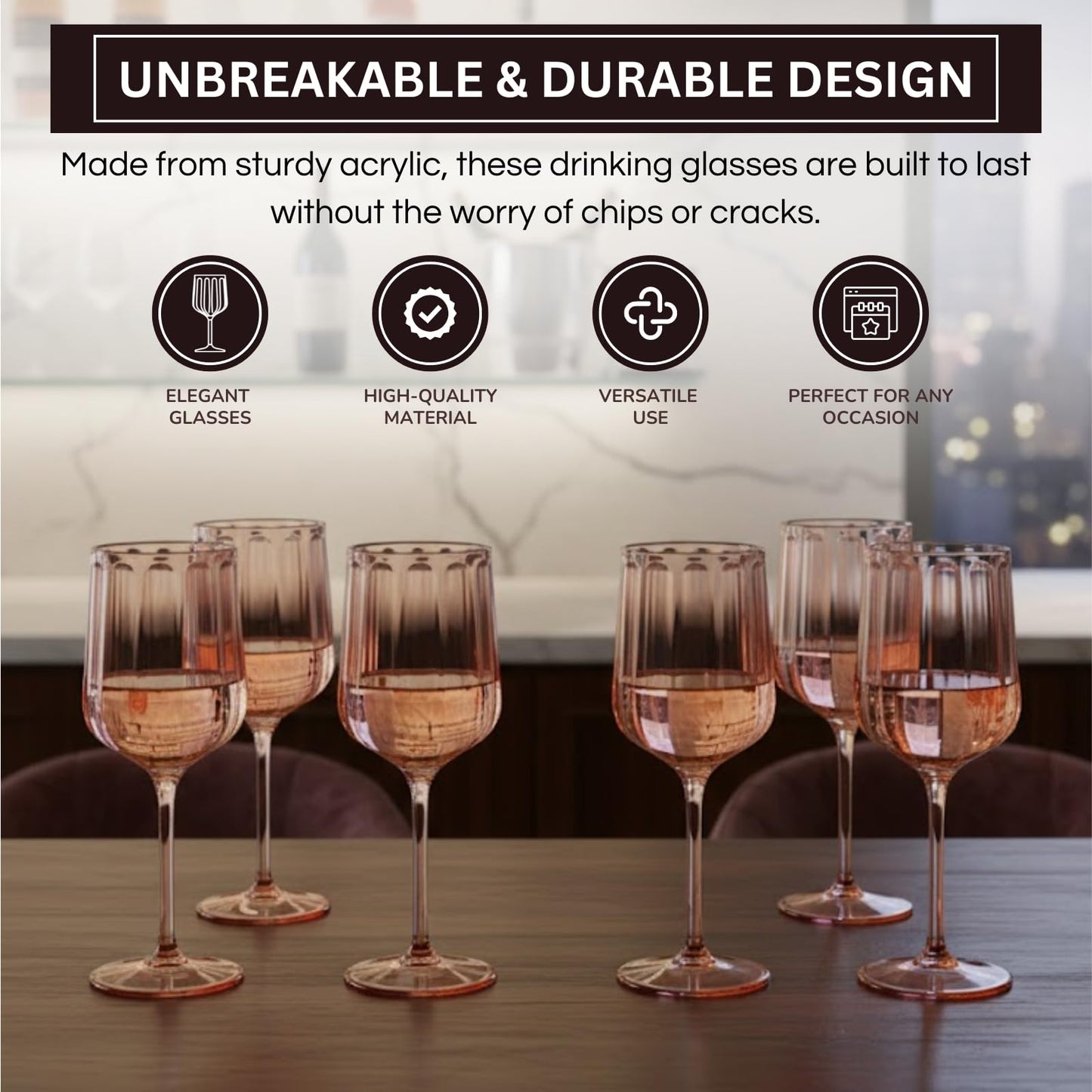 Set of 6 pink acrylic stemmed goblets with clear ribbed bowls and slender stems