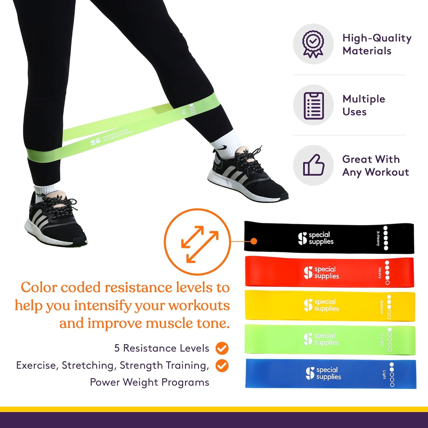 Color-coded resistance bands set with black strap, shown during a stretching workout