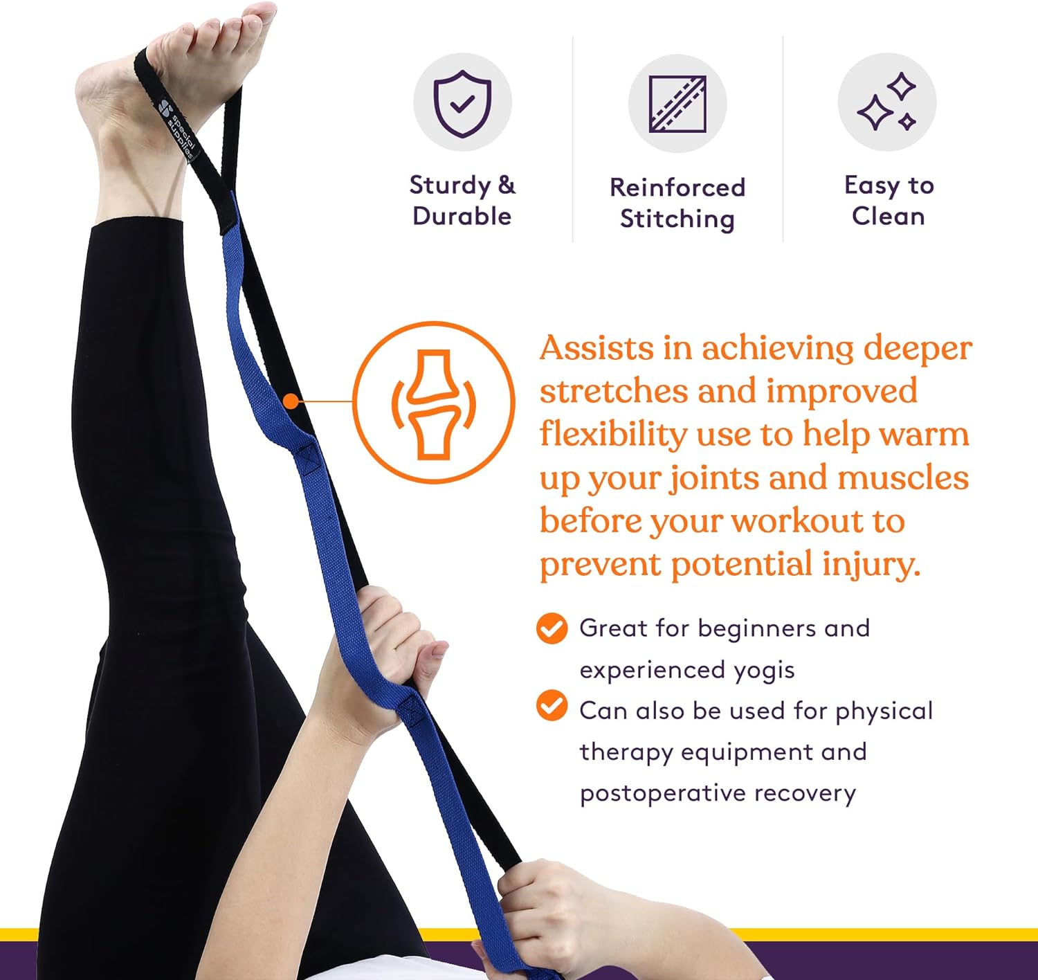 Blue yoga strap with black sections for assisted stretching, shown with legs and feet