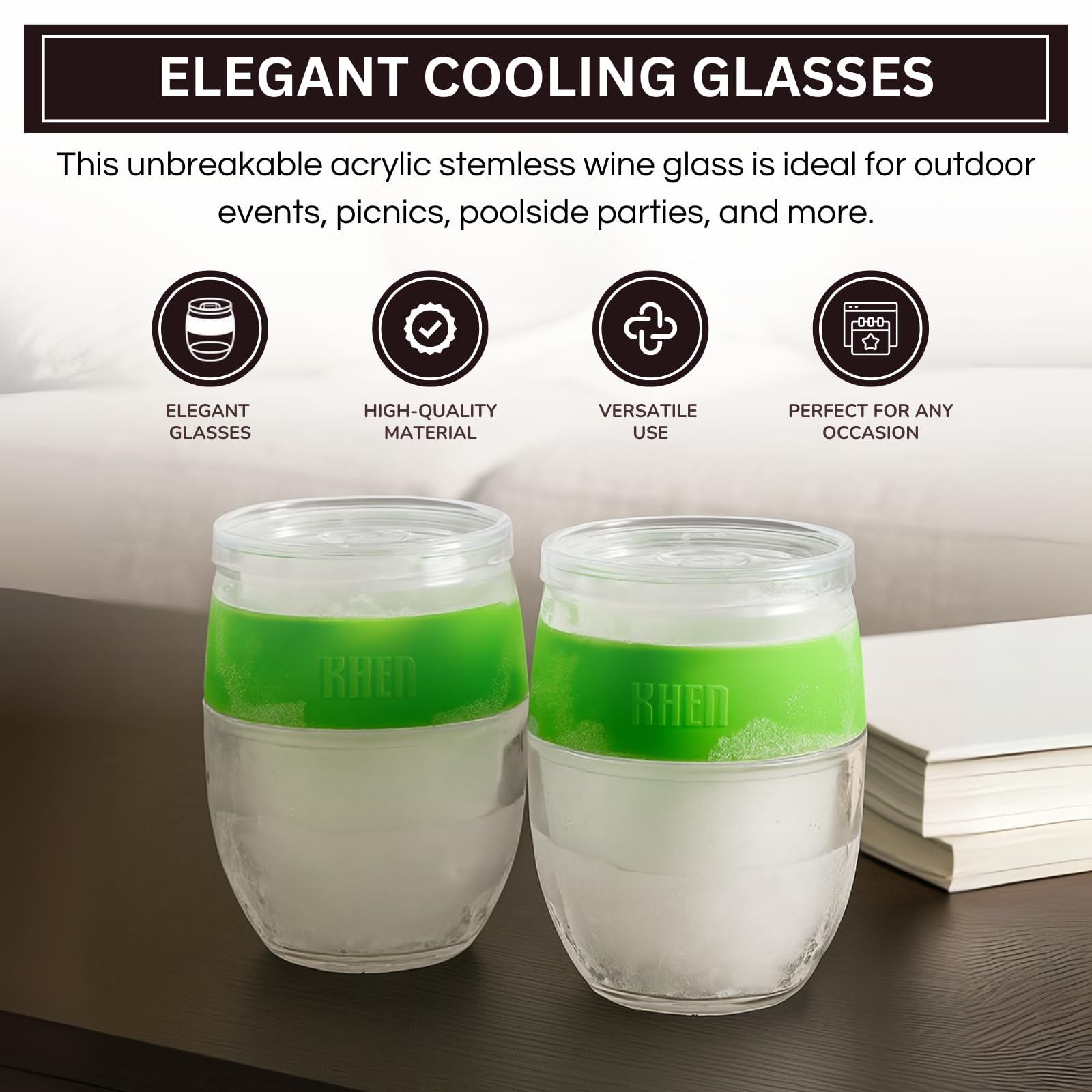 Pair of stemless acrylic wine glasses, green upper, clear lower with dark base band