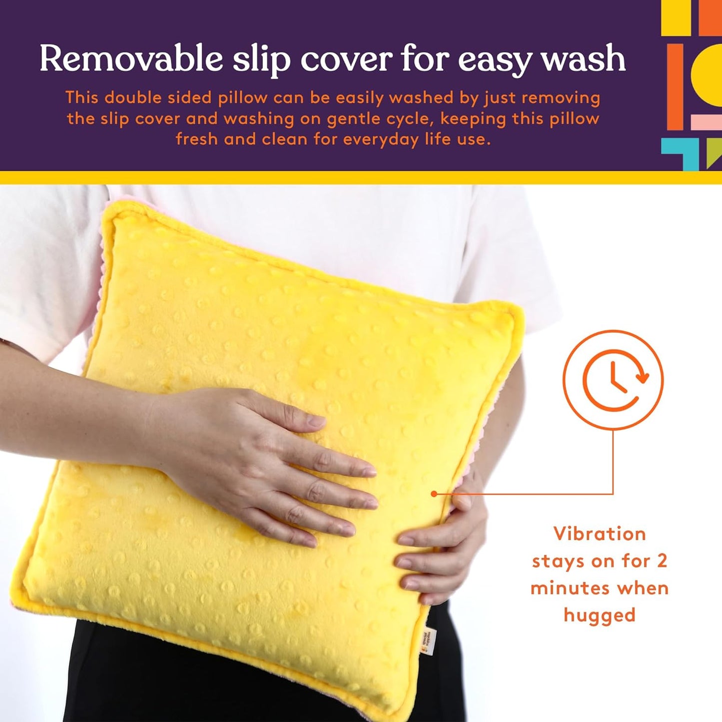 Yellow sensory vibrating pillow with hands pressing the plush cover and vibration timer