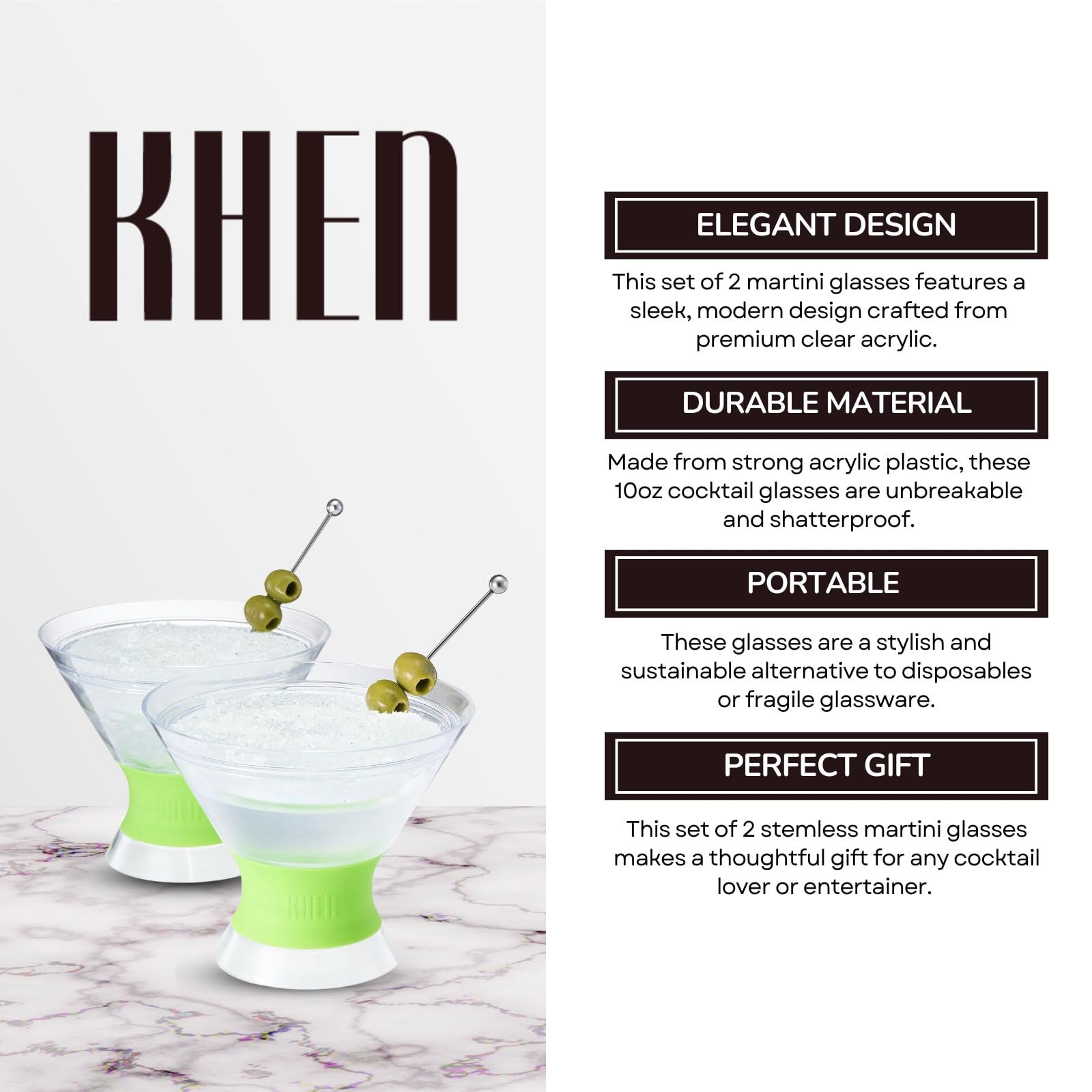 Set of 2 acrylic martini glasses with lime frosted bases and olive-skewer garnish