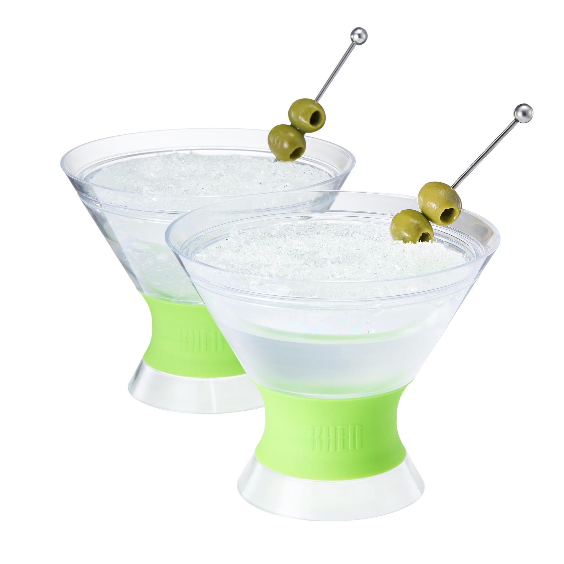 Set of 2 martini-style cocktail glasses with lime frosted bases and olive skewers
