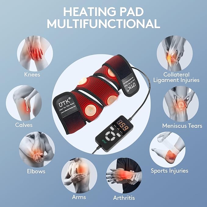 Far infrared heating pad wrap with red-and-black sleeves and handheld controller
