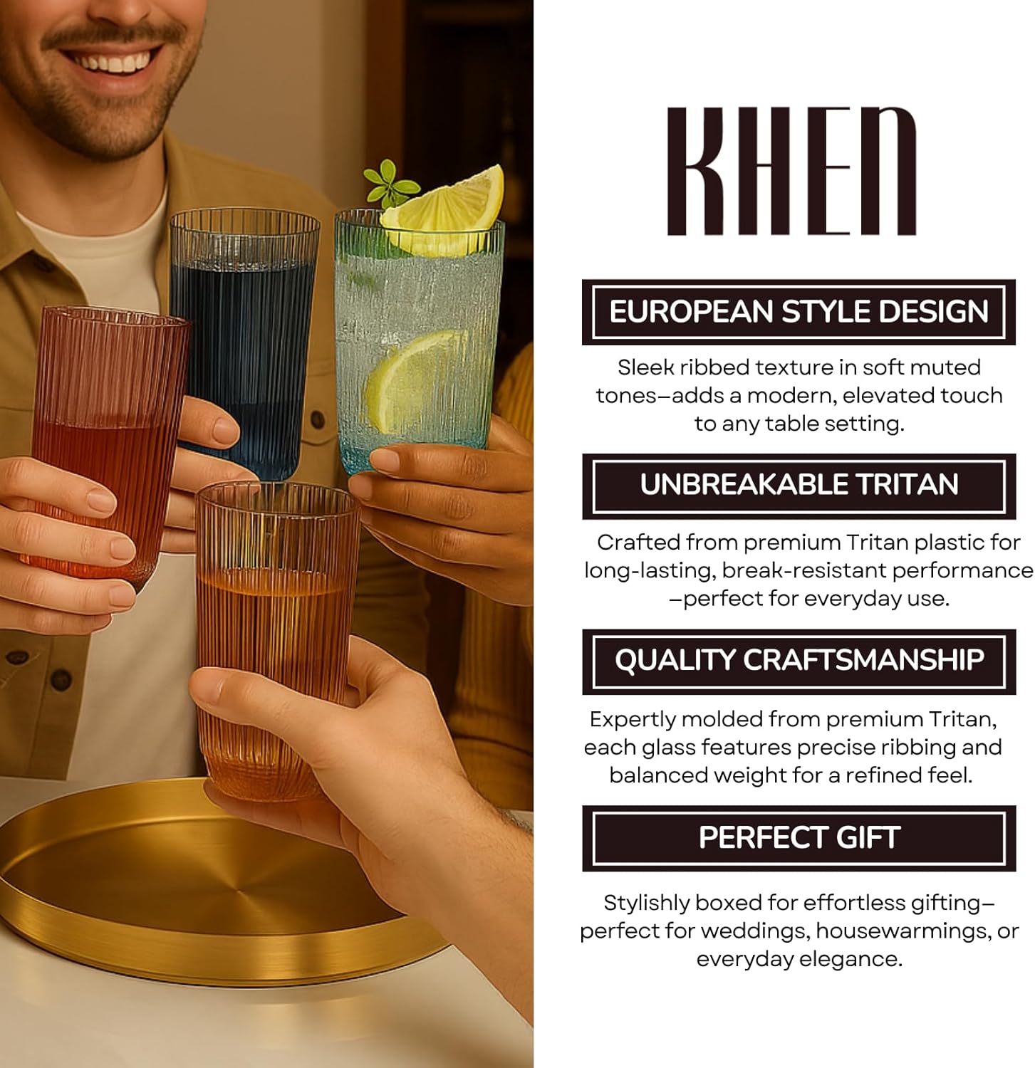 Hands holding four ribbed tumbler glasses in muted amber, blue, and green tones