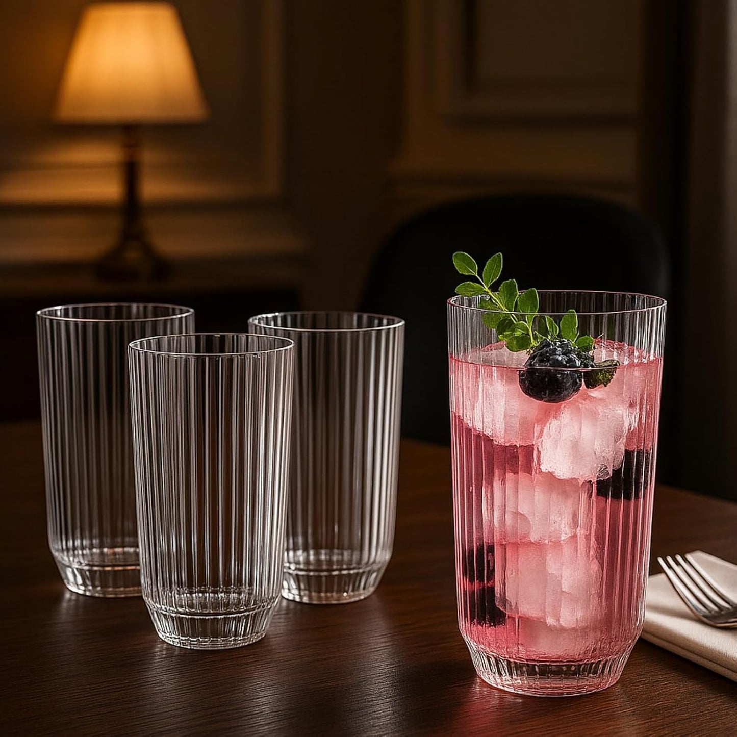 Khen Shatterproof Ribbed Drinking Glasses – Set of 4 Clear 12oz Tritan Tumblers, European Style Acrylic Drinkware – Durable, BPA-Free, Dishwasher Safe, Stackable & Unbreakable Plastic Cups