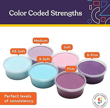 Six color-coded therapy putty cups with different resistance levels