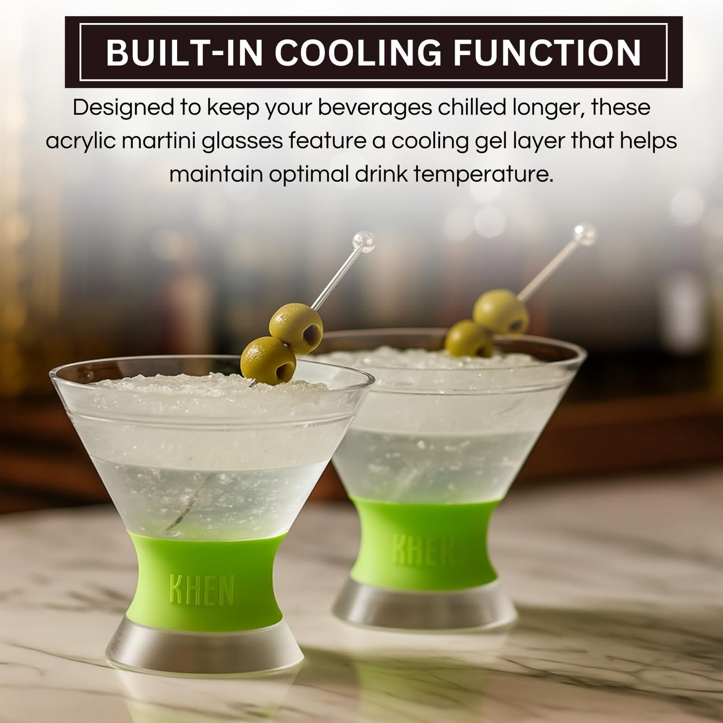 Set of 2 martini cocktail glasses with lime frosted bases and olive garnish skewers