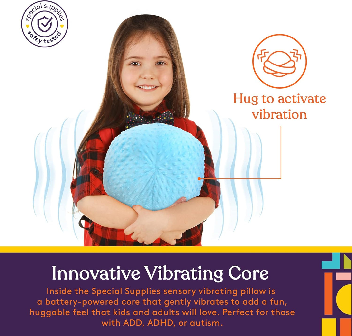 Blue sensory ball pillow hugged by a child, round plush cushion with tactile texture