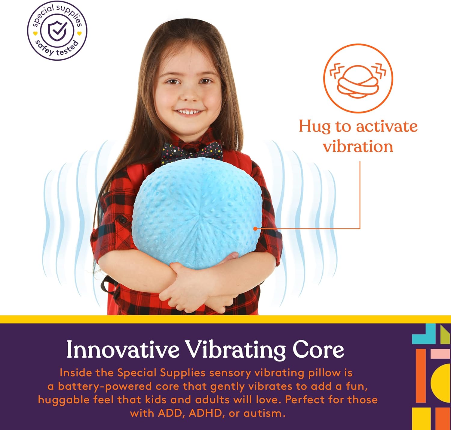 Blue sensory ball pillow hugged by a child, round plush cushion with tactile texture