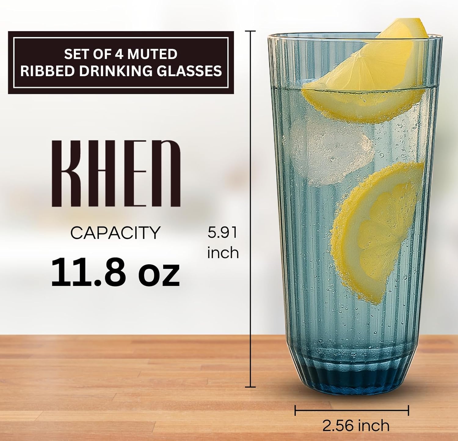 Tall ribbed tumbler glass with lemon slice, translucent muted blue