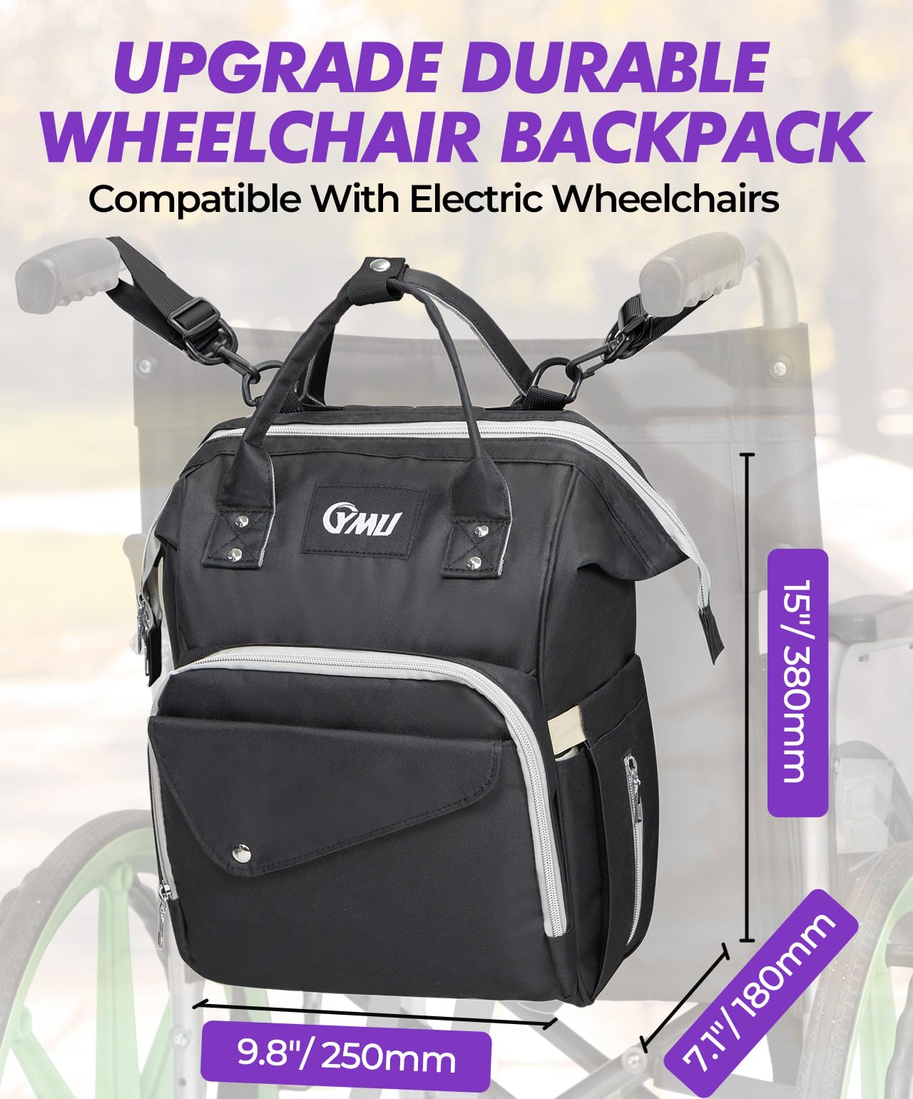 Black large wheelchair backpack bag with top handle, front pocket, and side storage panel