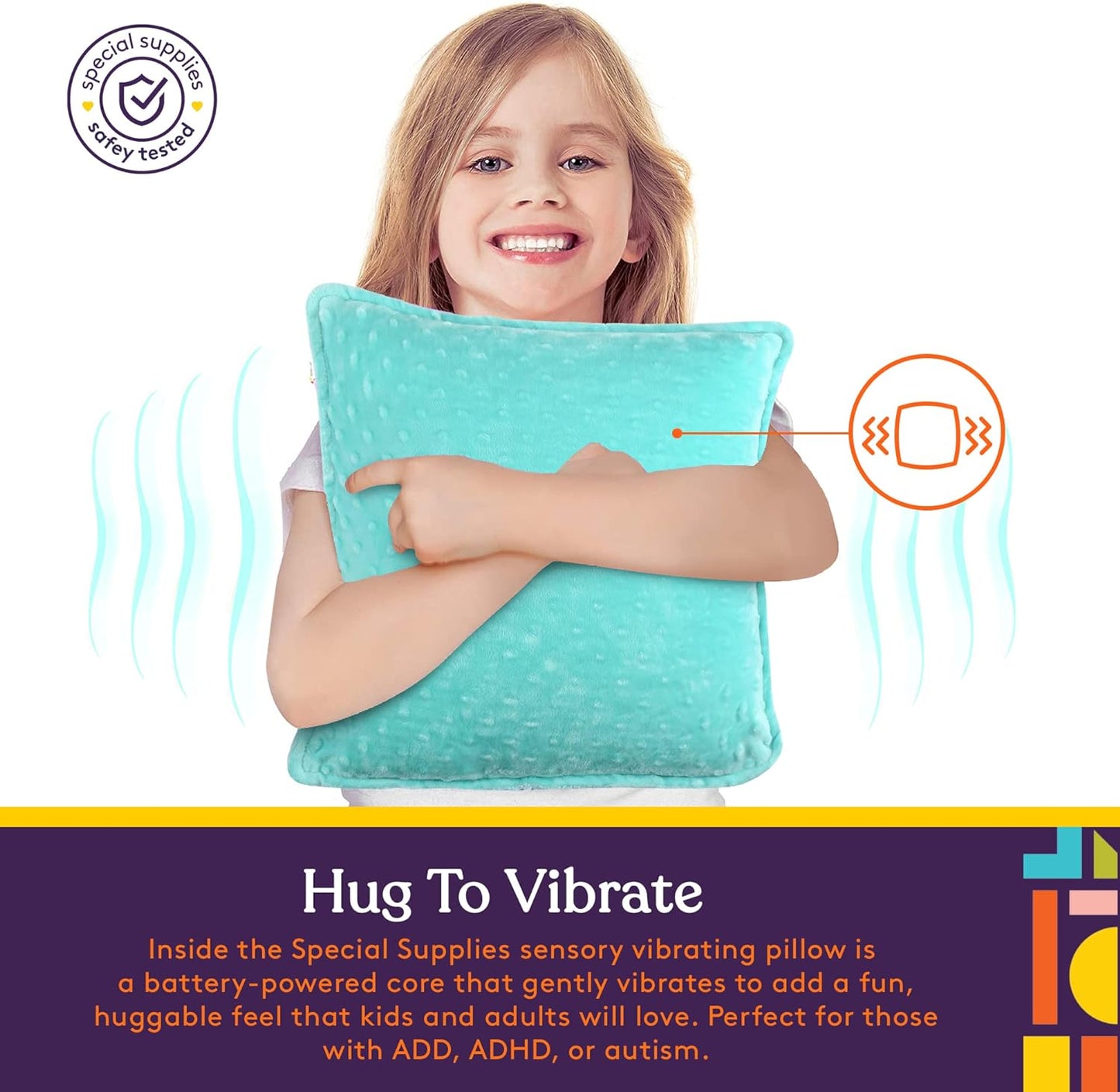 Teal sensory vibrating pillow with dot texture, hugged by a child