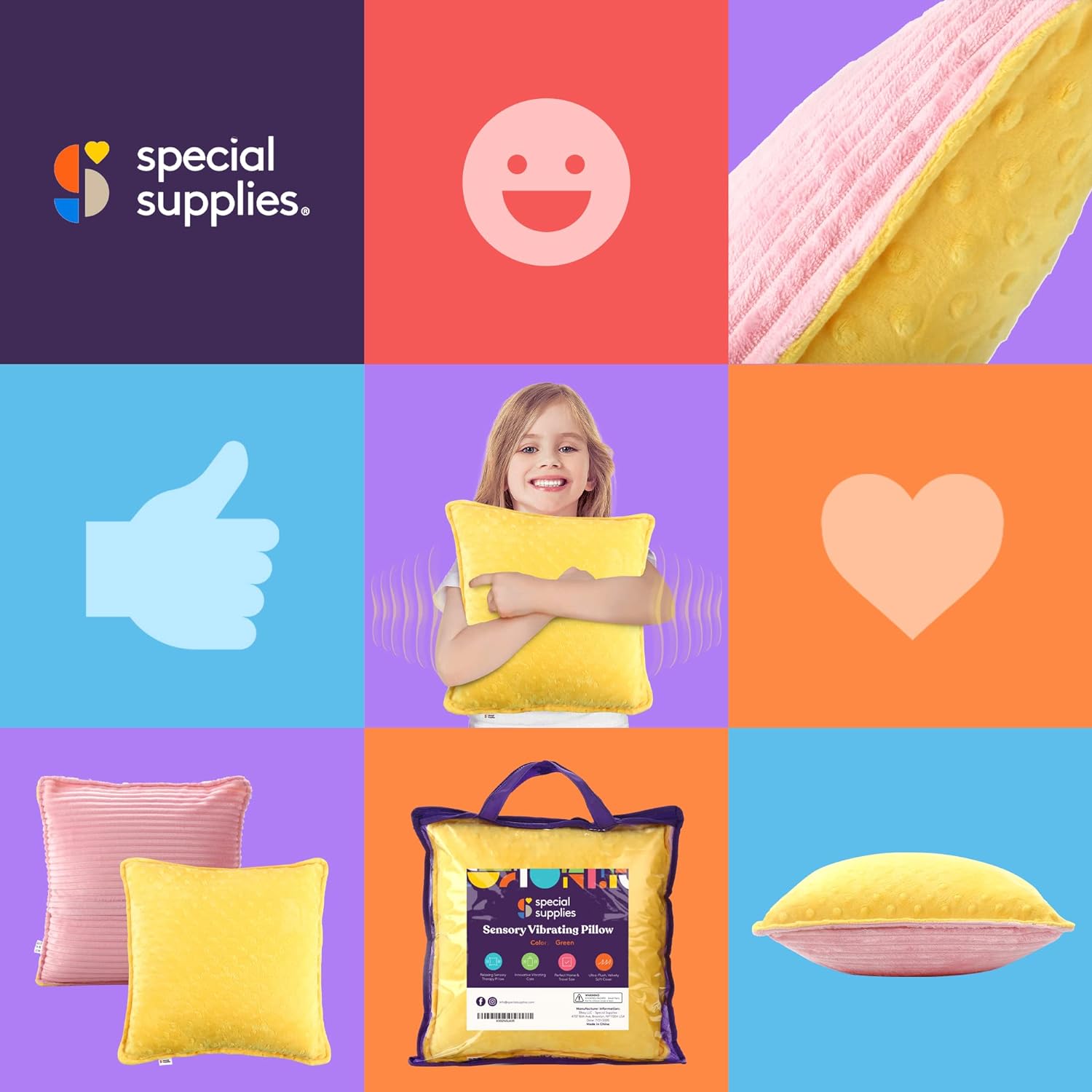 Yellow sensory vibrating pillow with smiling mood icons and vibration sound lines