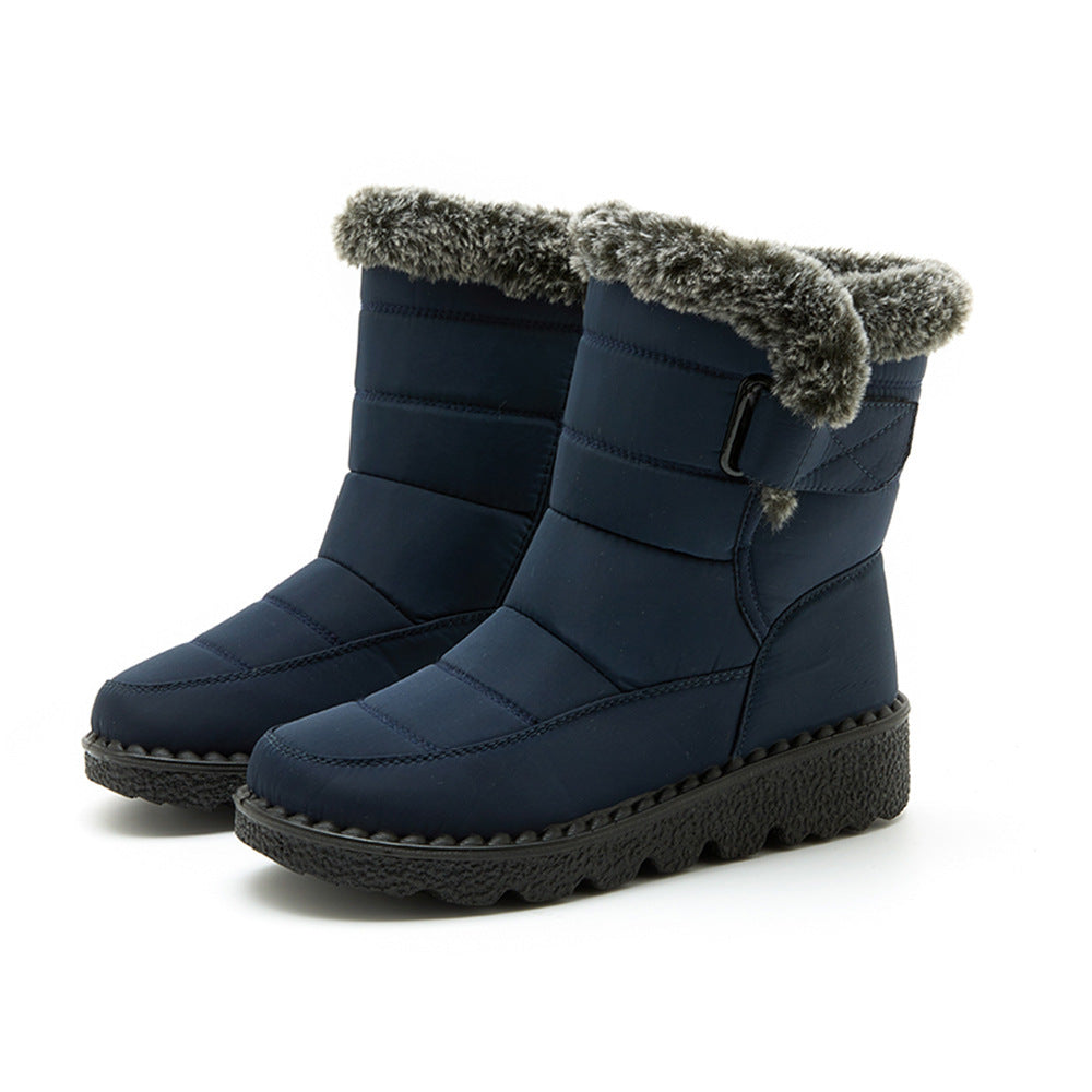 Women's winter snow boots with faux-fur cuffs, side buckle strap, platform sole