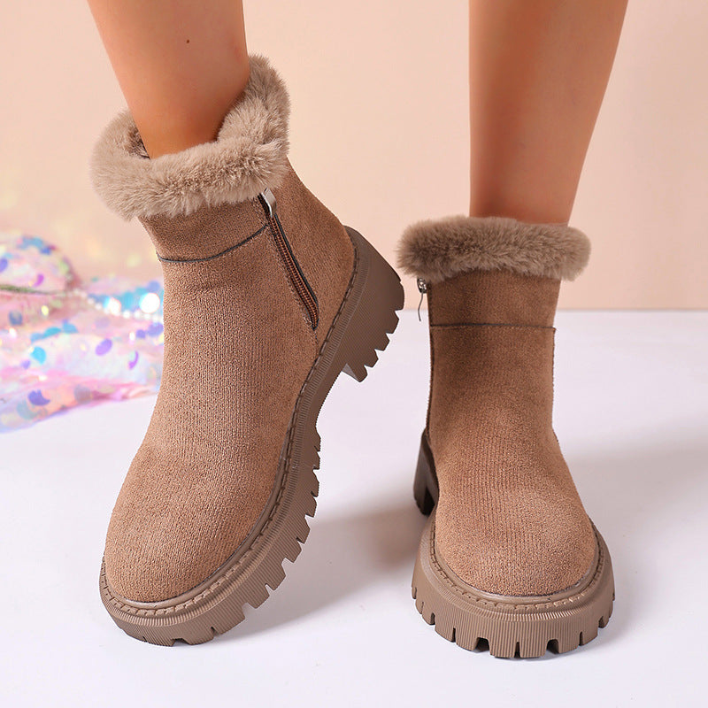 Khaki suede ankle boots with faux-fur cuff and chunky ridged sole