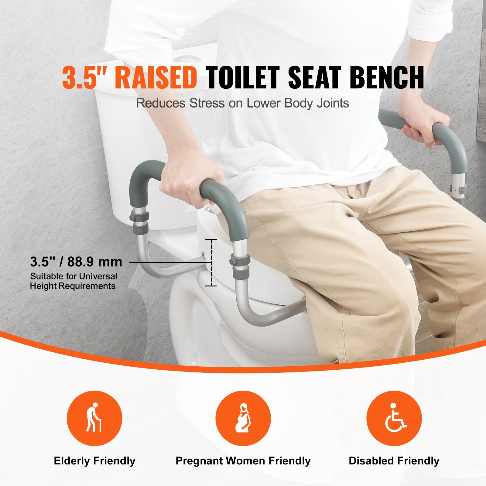 Raised toilet seat with gray padded armrests, white seat cushion, and handrails