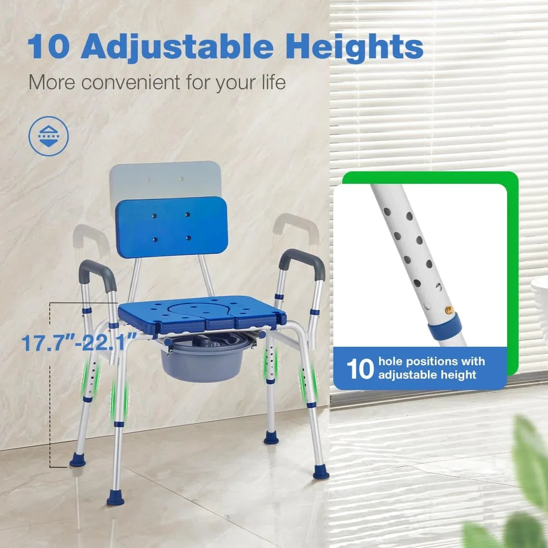 Blue commode chair seat with perforated top and gray toilet pan, white legs with rubber feet