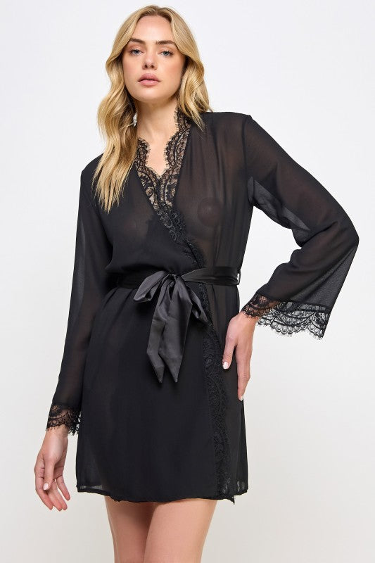 Black sheer robe with lace V-neck, tied waist, long sleeves with lace cuffs