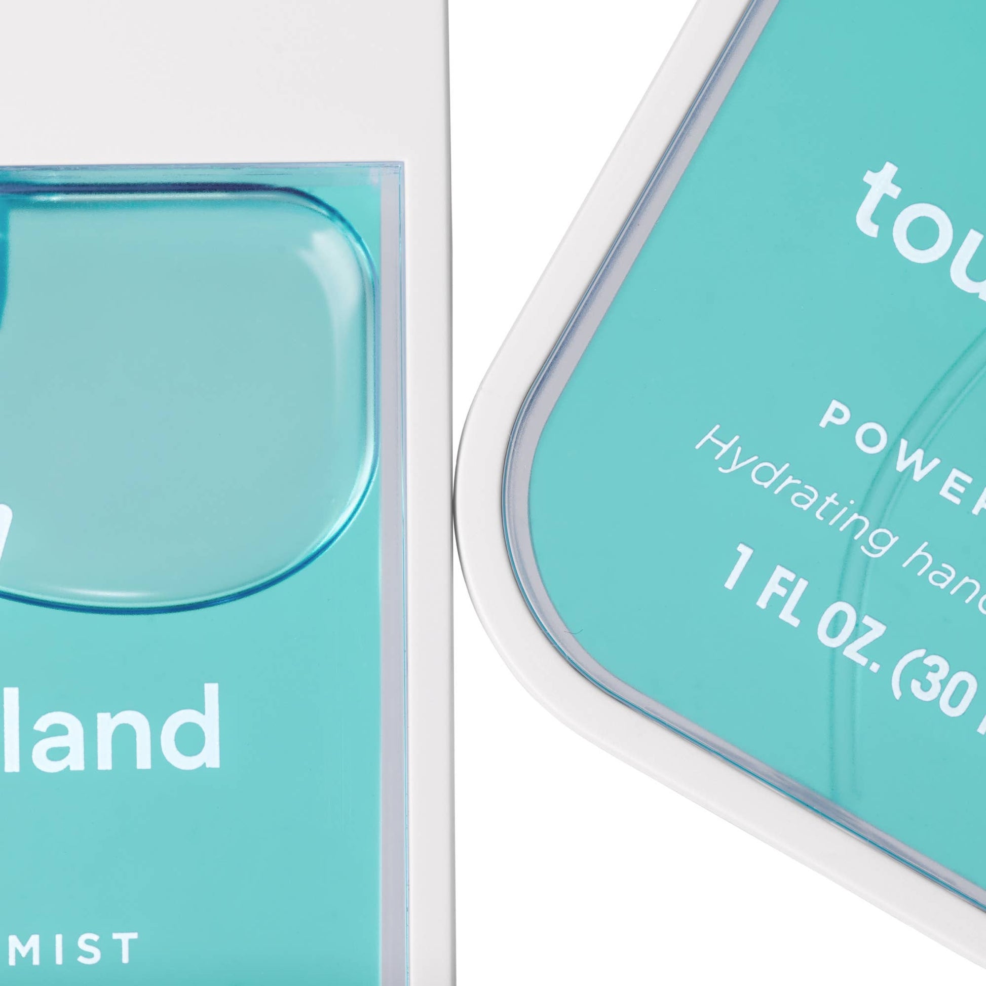 Touchland Power Mist hydrating hand sanitizer pouch corner close-up, teal gel and 1 fl oz