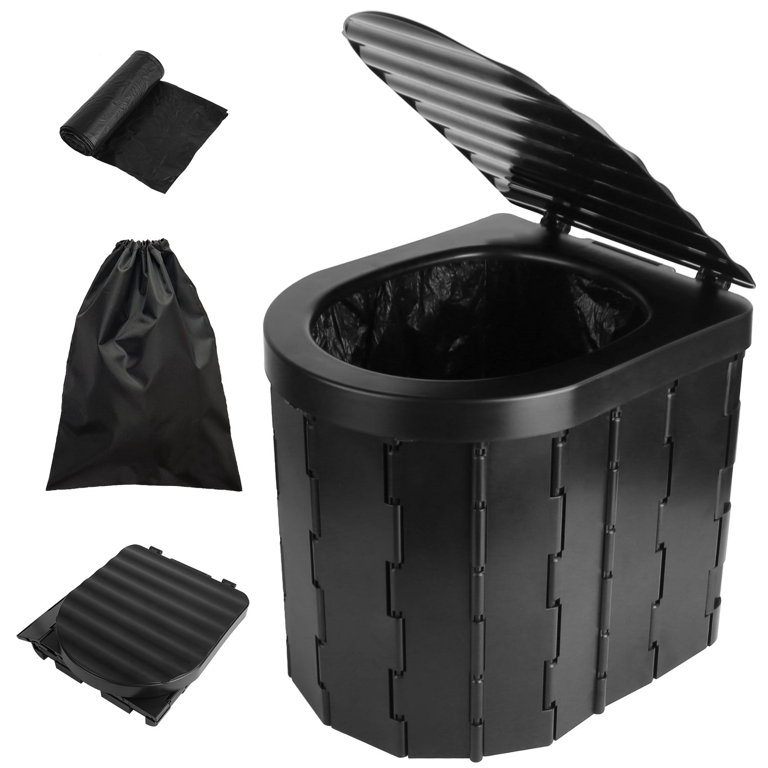 Foldable portable emergency toilet commode with open lid and black carry bag