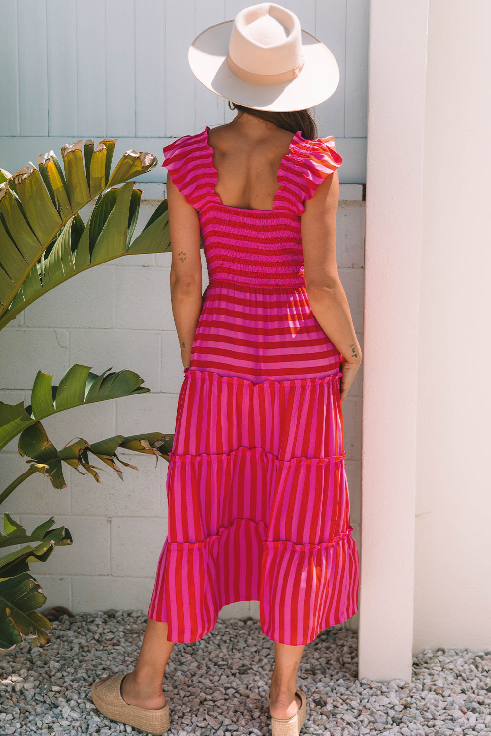 Rose striped tiered maxi dress with flutter sleeves and tiered skirt