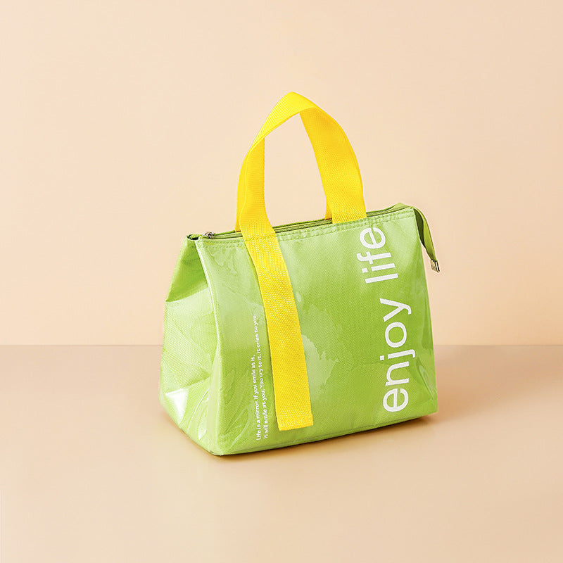 Insulated lunch bag in light green with yellow handles and side pocket, zipper closure