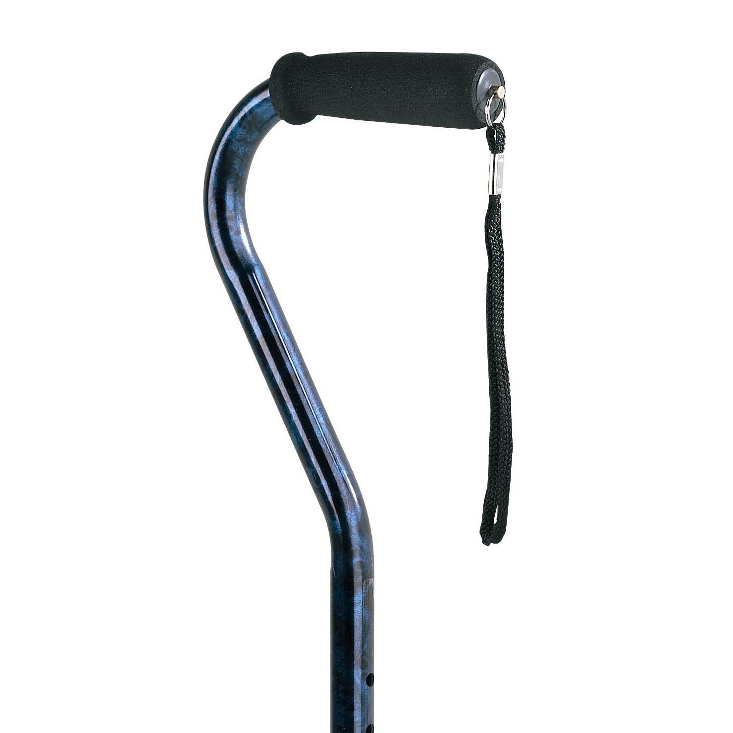 Blue offset walking cane with black grip and wrist strap.