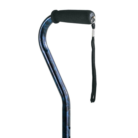 Blue offset walking cane with black grip and wrist strap.