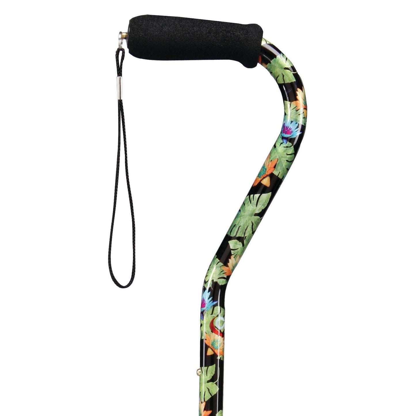 Offset designer cane with black foam handle, tropical floral shaft, and wrist strap