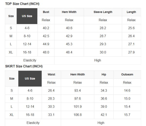 Top and mini skirt size chart with bust, sleeve, waist, and hem measurements