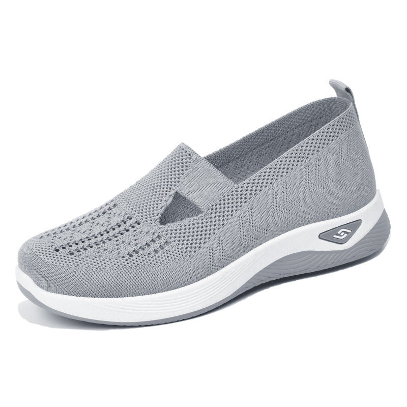 Women’s breathable mesh slip-on shoes, light gray with white sole and side logo patch