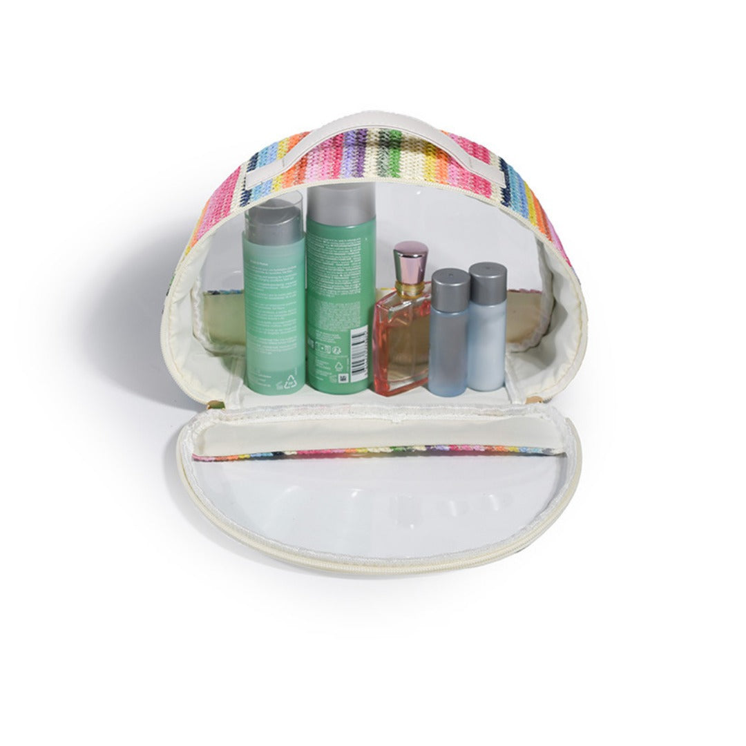 Rainbow striped clear open cosmetic bag with toiletries bottles inside