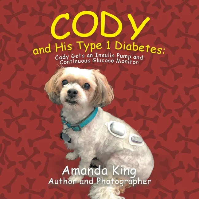 Paperback book cover with small white dog wearing green collar and insulin pump sensor