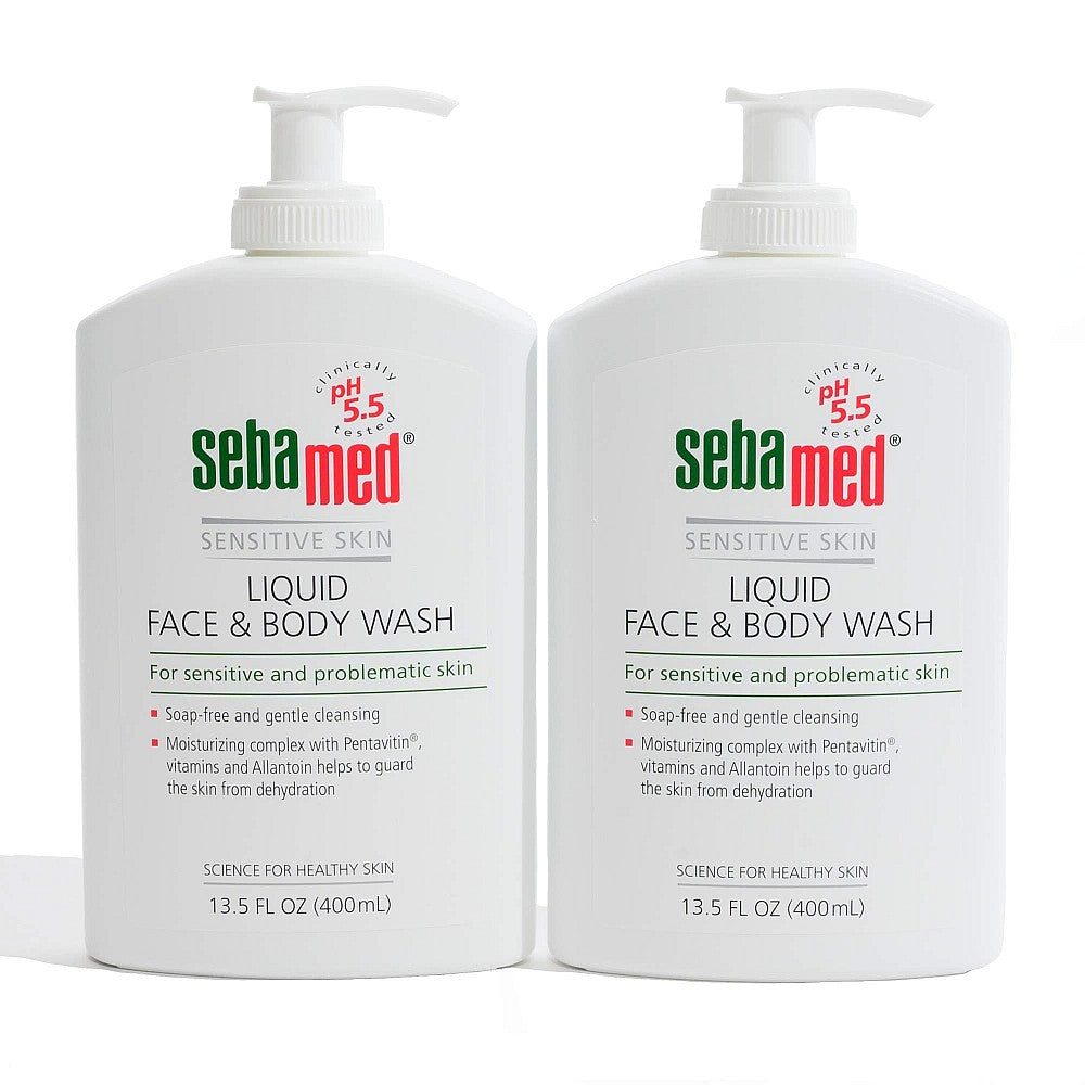 Sebamed liquid face & body wash bottles with white pump, 13.5 fl oz