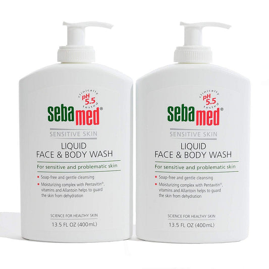 Sebamed liquid face & body wash bottles with white pump, 13.5 fl oz