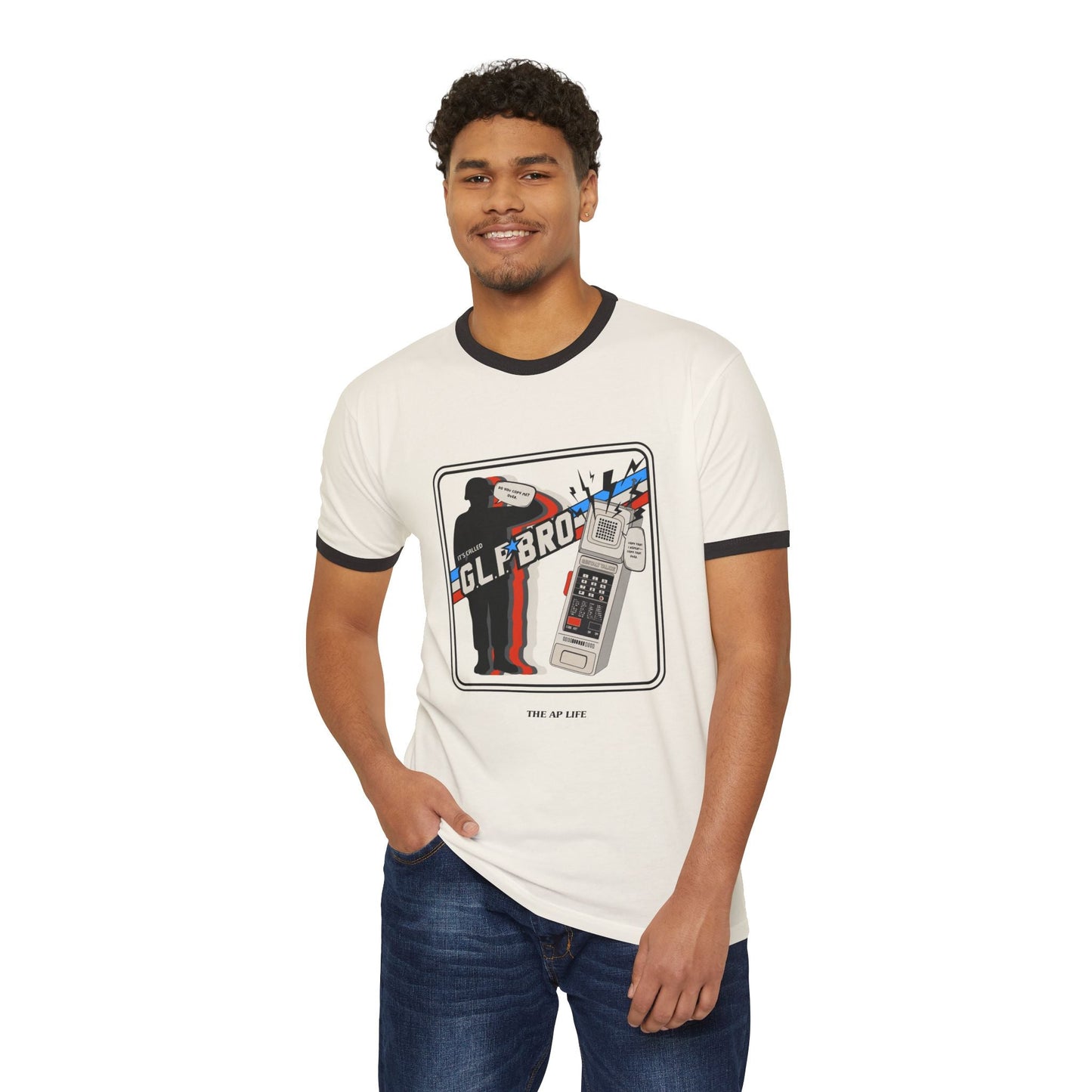 Natural (cream) adult unisex cotton ringer T-shirt with black trim; front graphic print on chest.