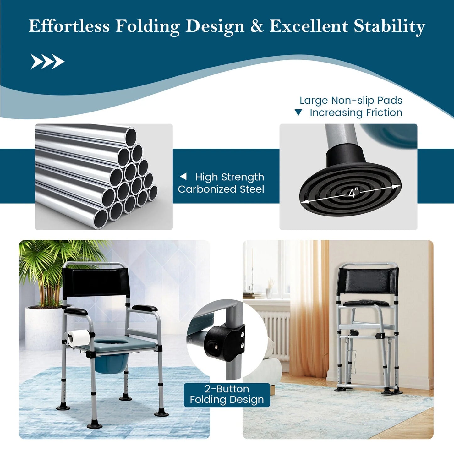 Foldable bedside commode chair with black back and blue seat, silver frame, non-slip feet